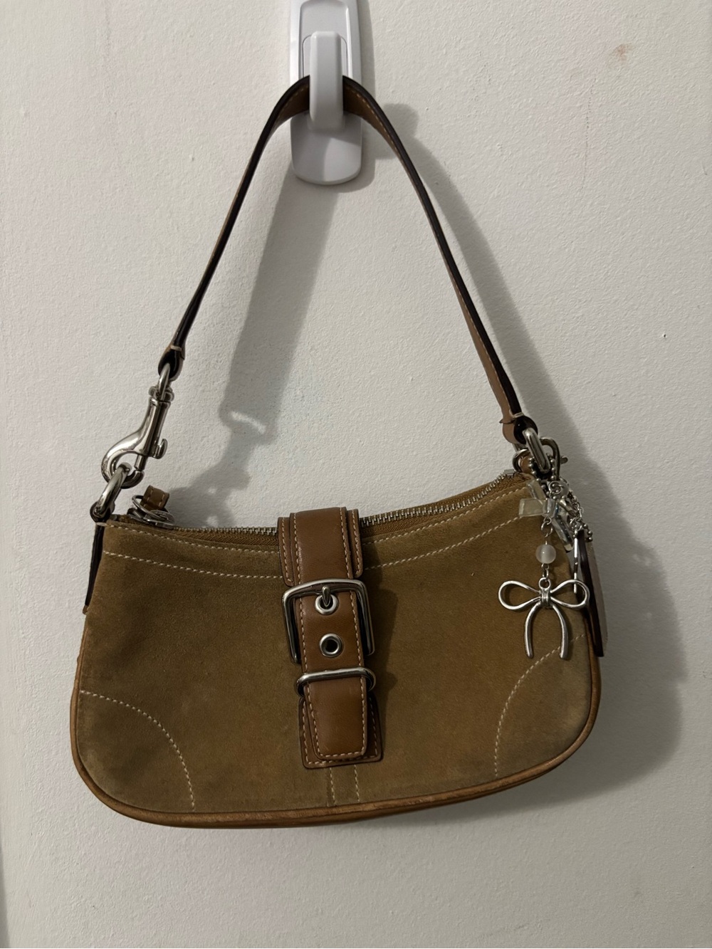 Coach Tan Demi Hampton Suede Buckle Shoulder Bag
